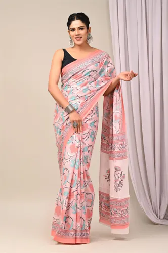 Beautiful Hand Block Printed Pure Cotton Mulmul Sarees